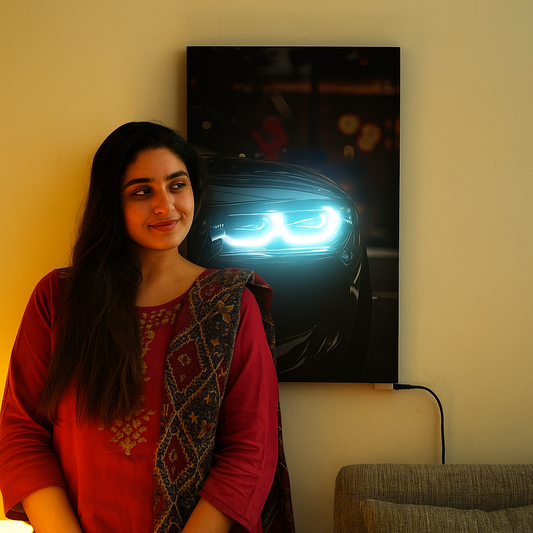 Premium BMW With White Headlight | LED Neon Frame Poster