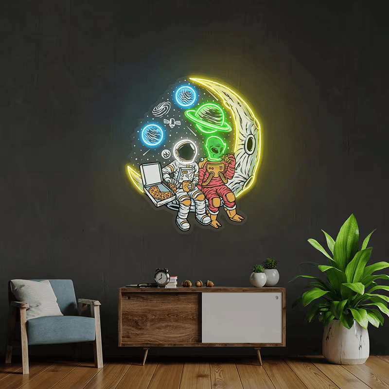 Astronauts Lying on Moon Neon Signs