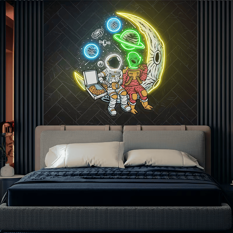 Astronauts Lying on Moon Neon Signs