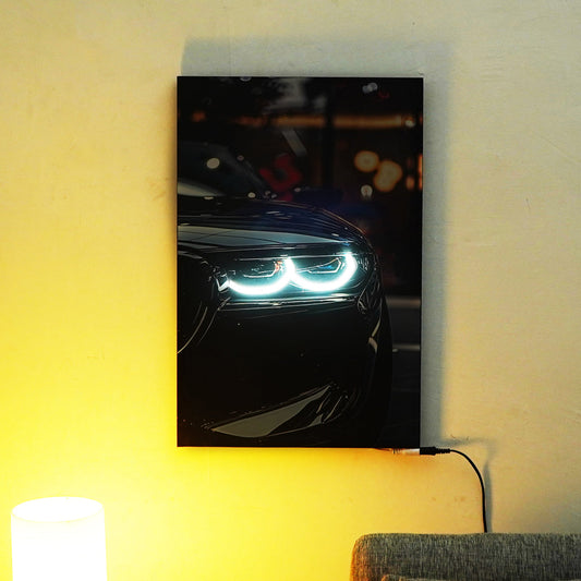 Premium BMW With White Headlight | LED Neon Frame Poster
